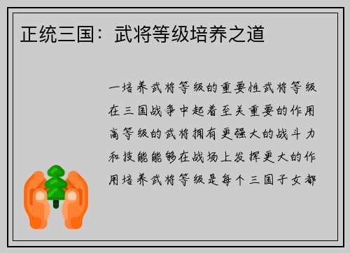 正统三国：武将等级培养之道
